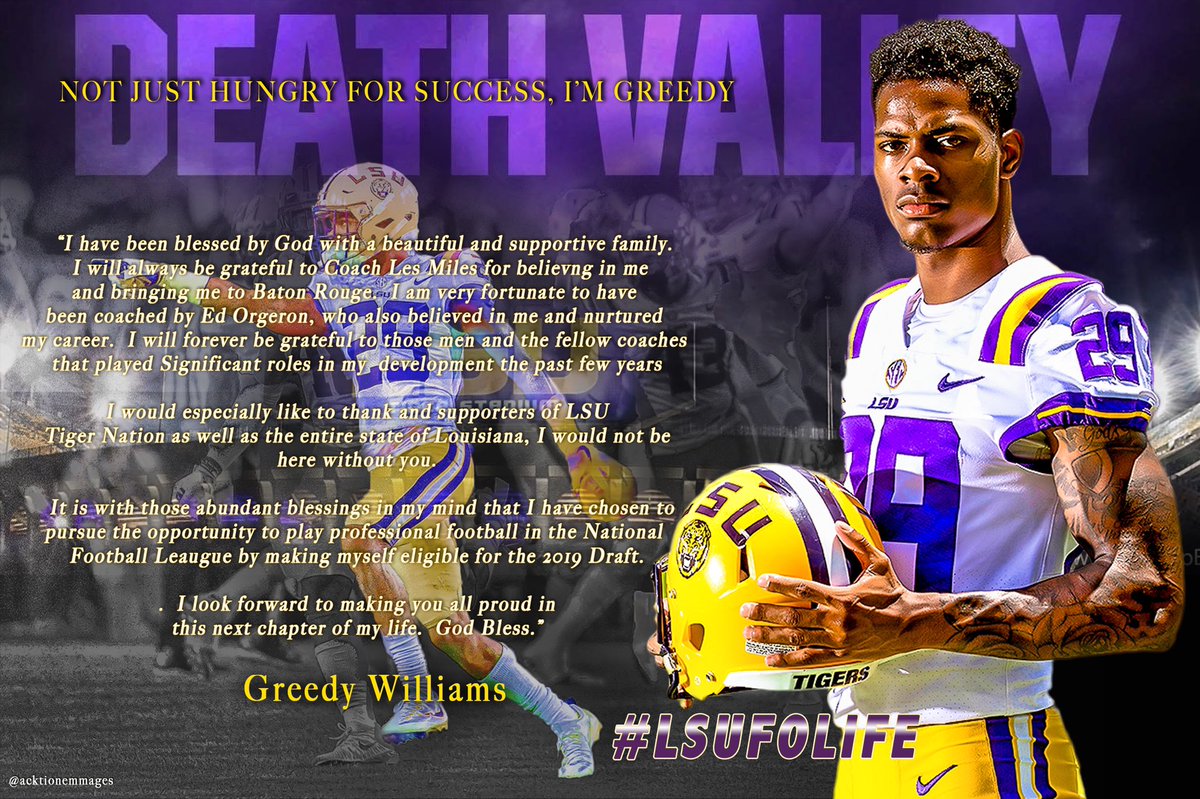 “I Have been blessed by God with a beautiful and supportive family. My blessings also include my LSU Tiger Family, both on and off the field. It is with those abundant blessings in mind that I have chosen to pursue to enter the 2019 NFL Draft” #BeGreedy