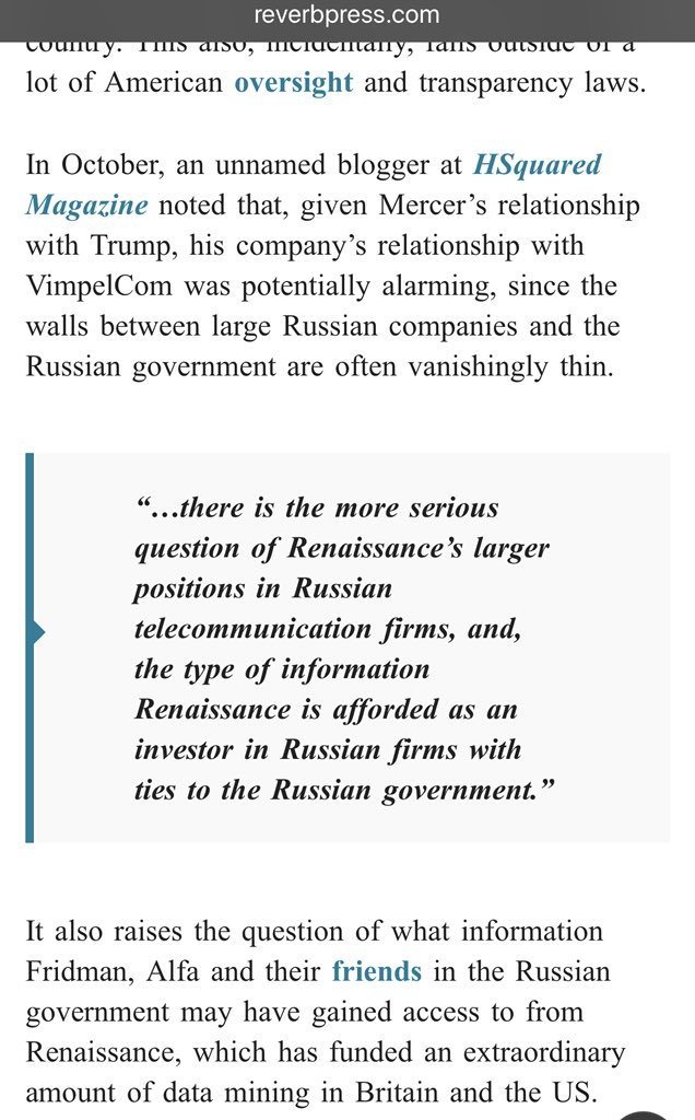 lovetogive2's tweet photo. “...given #RobertMercer’s relationship with #Trump, his company’s [#Rentech] relationship with #Vimpelcom was potentially #alarming, since the walls between large Russian companies and the Russian government are often vanishingly thin” https://t.co/NH3VI3AKPL