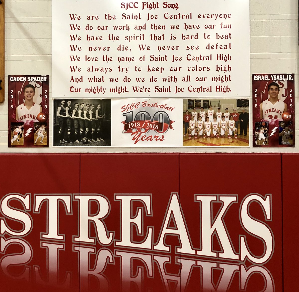 100th year team banner, along  with banners of the 2 most devoted seniors, <a href="/CadenSpader/">Caden Spader</a> and <a href="/IsraelYsasi/">Israel</a> were hung today!!  Spicing the Thunderdome up a little bit.  #Team100 #Seniors 🏀🙌
