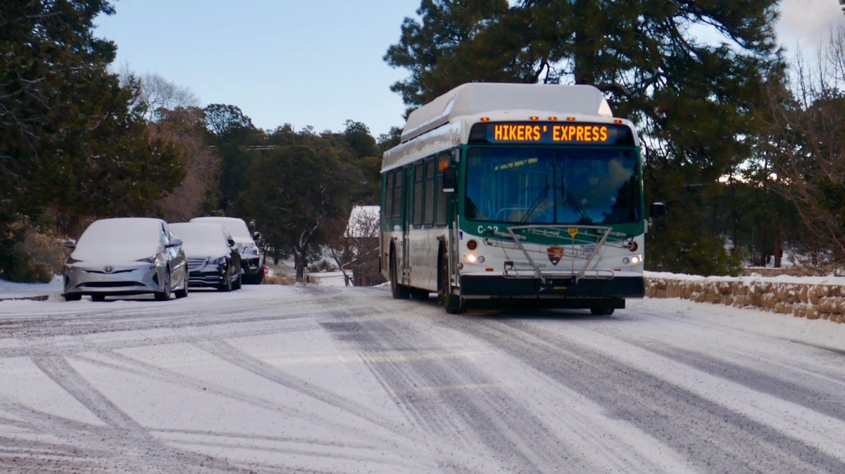 Image description: A large white and green bus is driving over a snow-packed road, with several snow-covered cars parked on the side.