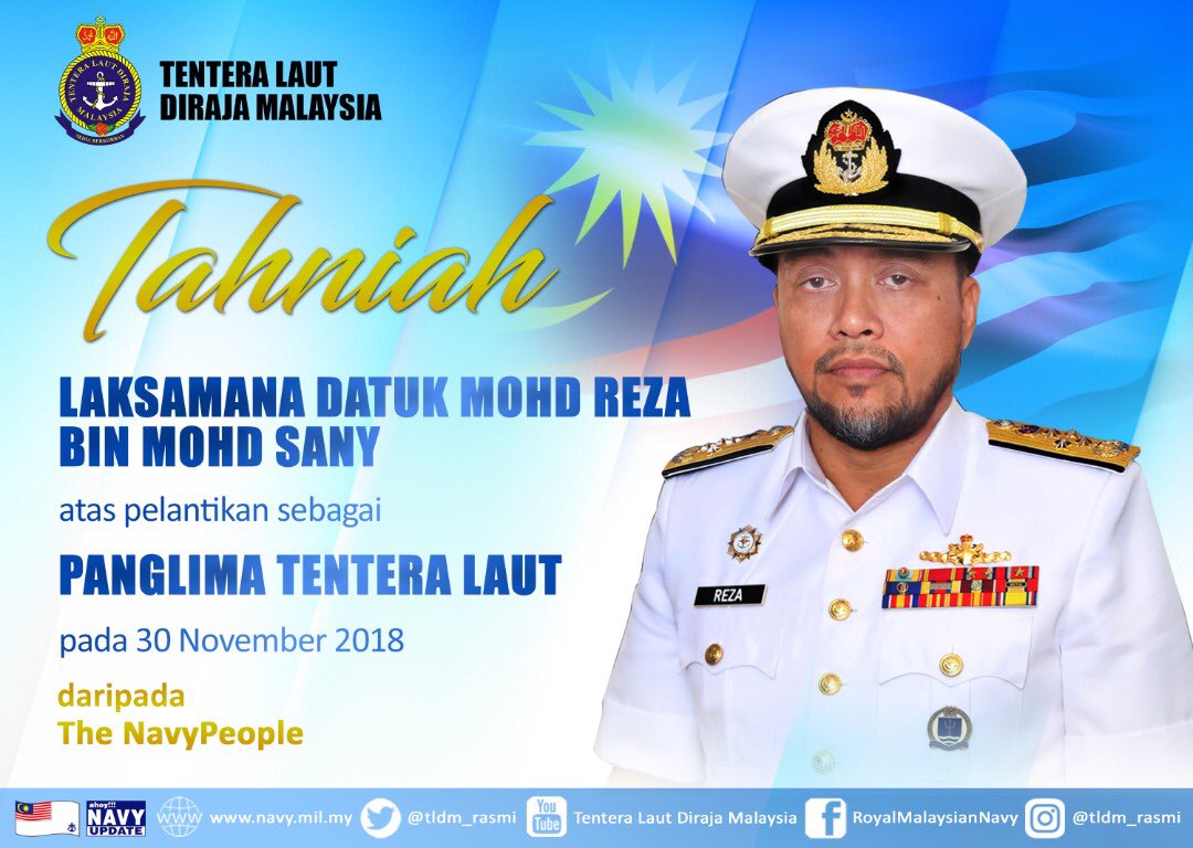 Jutaan tahniah diucapkan kepada Laksamana Datuk Mohd Reza bin Mohd Sany atas pelantikan sebagai Panglima Tentera Laut ke-17.

#Kebanggaan
#NavyNews
#NavyWishes