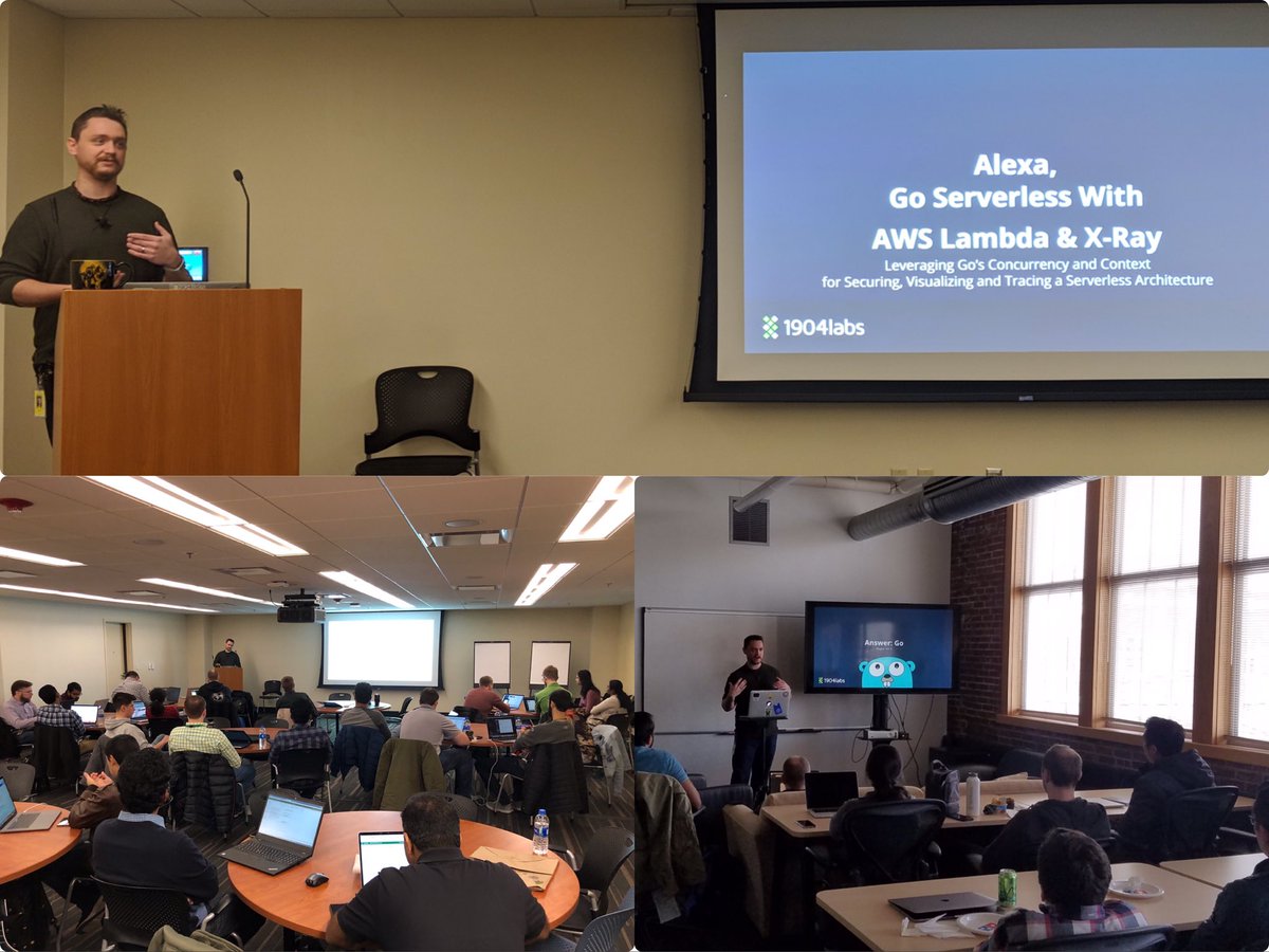 BHunter28's tweet image. This past week I had the honor of giving my very first technical presentation for both a client’s #AWSreInvent internal event and our own Lunch and Learn at 1904labs. I covered building an #AlexaSkill w/ #Go, #Serverless, and #AWS tools including Xray. Yes, I’m surprised too😅.