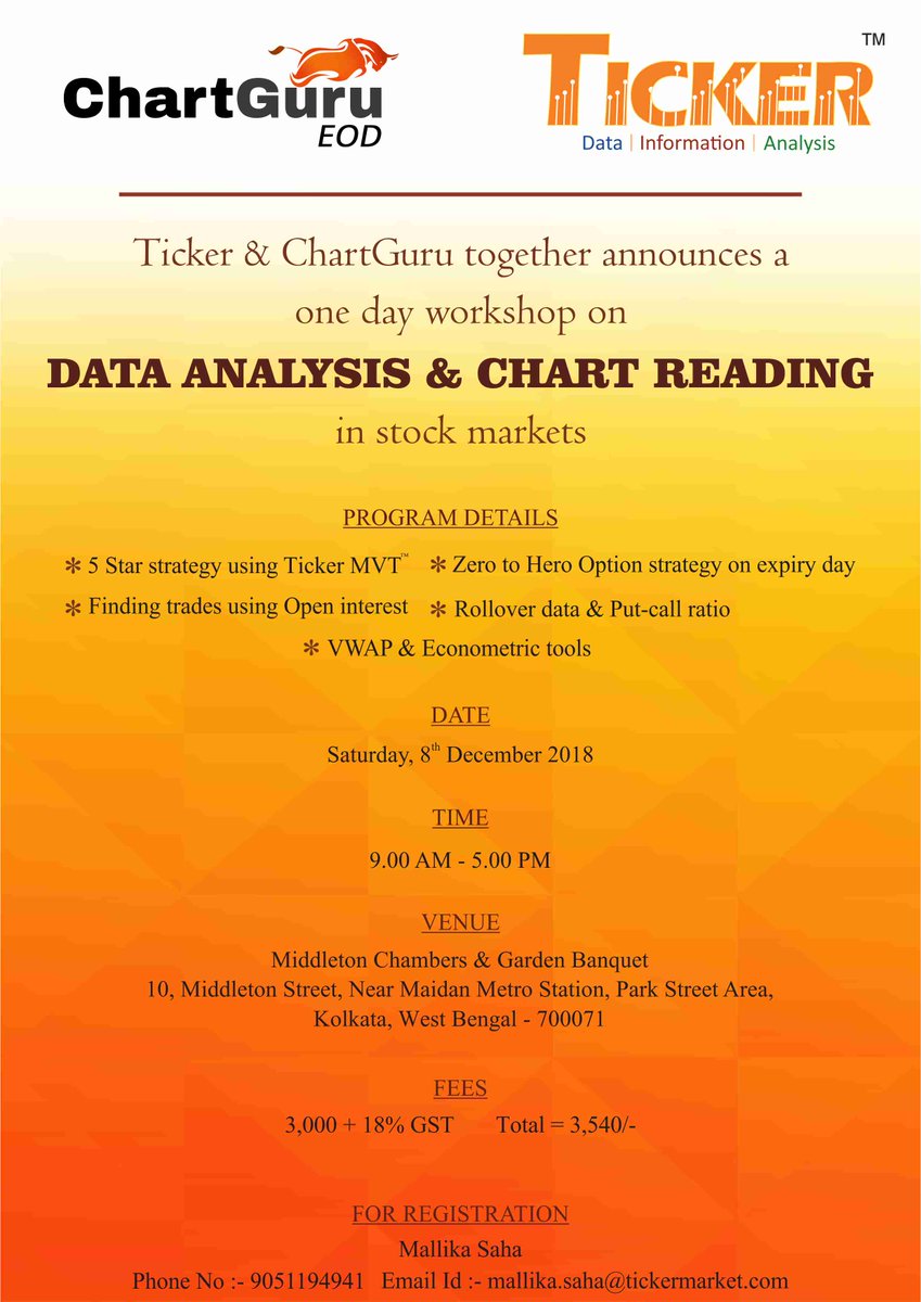 Tickermarket's tweet image. Want to have an upper hand in #data analysis &amp;amp; #chartspatterns reading ? @sethia_hitesh is coming down to Kolkata on 8th December at Middleton Chamber/ for registration contact 9051194941