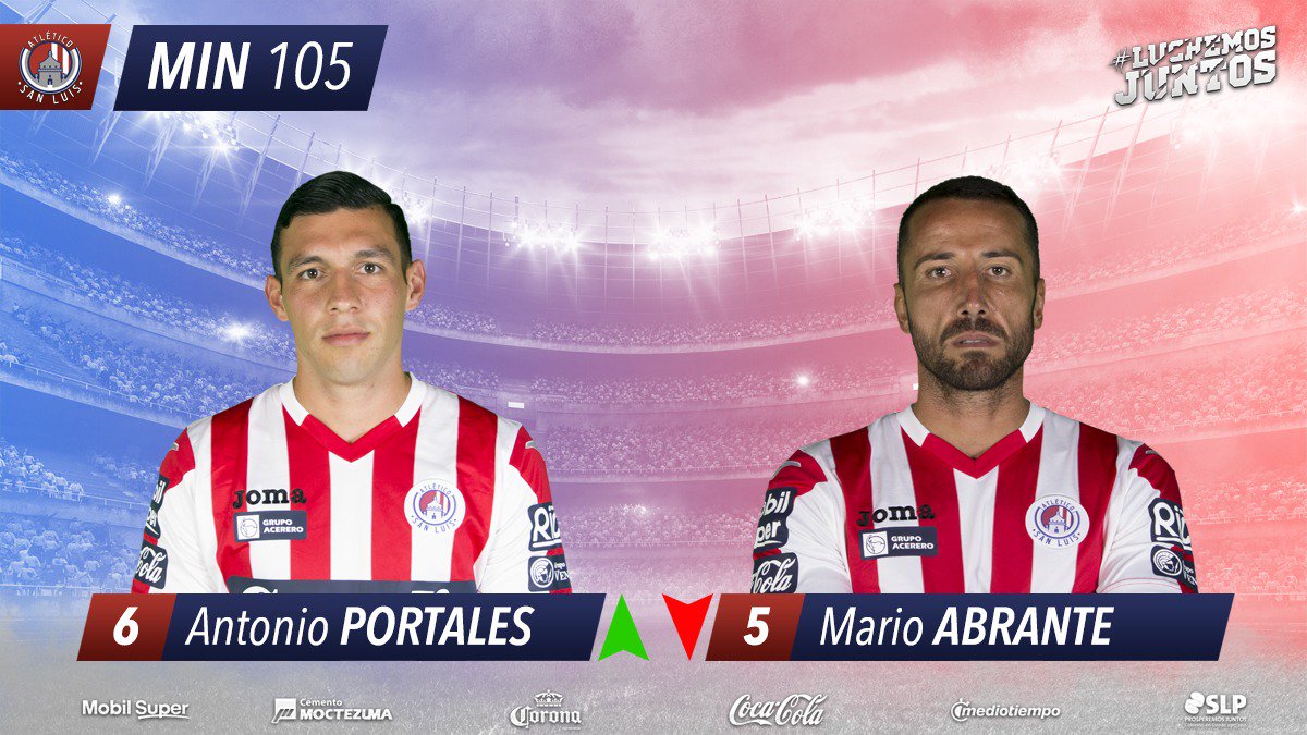 AtletideSanLuis's tweet photo. 1T Ext | FinalV| ⏱105’ | #ADSLvsDOR| 4-2
Se acaba el primer tiempo extra, antes del sílbatazo final, cambio por parte de nuestro equipo.
⬅️Mario Abrante
➡️Antonio Portales
#LuchemosJuntos 🤜🤛
#LaCopaSeQuedaEnCasa 🏆 https://t.co/d8m1xGXpUu