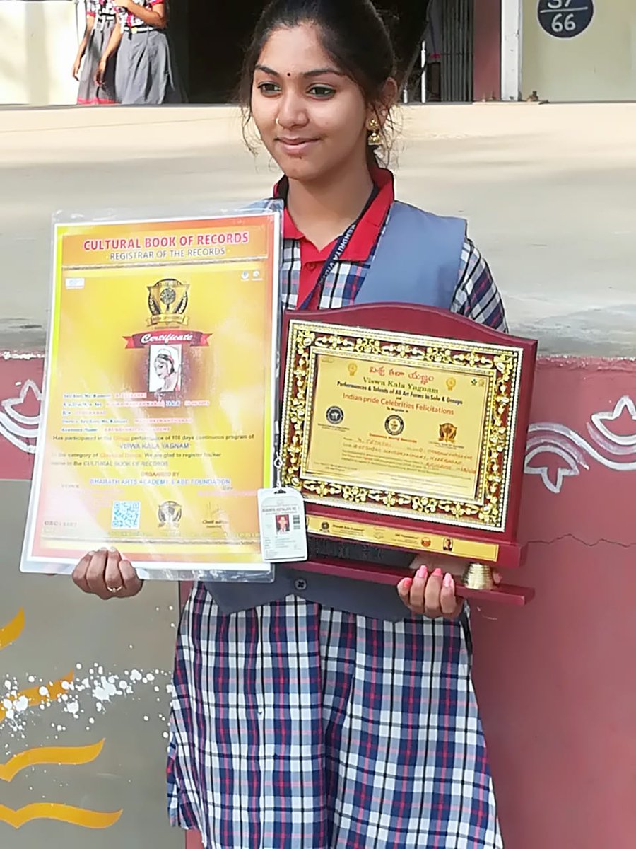 Km. B.Tejasri of class 10th, KV No.1 GOLCONDA bagged Guinness Book of world record, Cultural book of Record & Indian Book of Record title for Kuchipudi dance conducted by Vishwakala Yagnam on 29.11.2018. The dance performance held for 108 days continuously by different artists