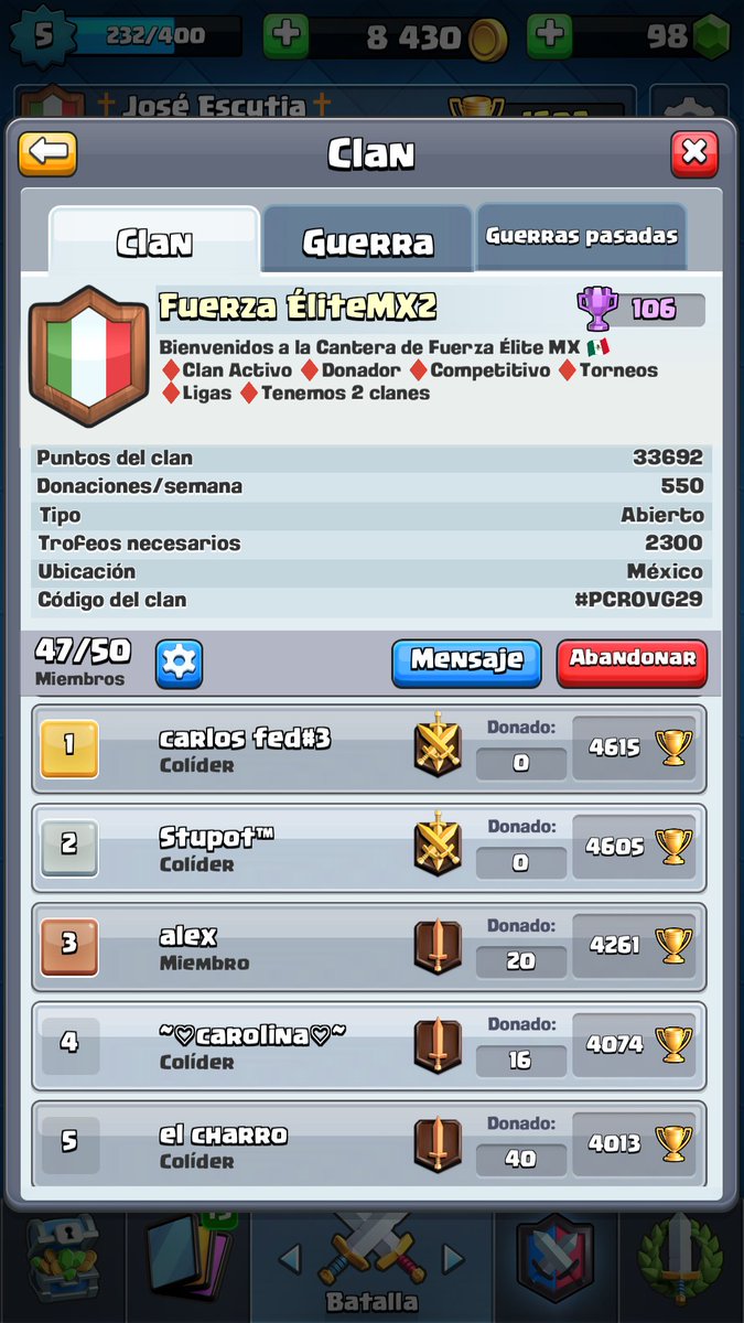 La cantera de <a href="/FuerzaEliteMX/">Fuerza Elite MX</a> busca jugadores, si quieres ser parte de esta gran familia eres bienvenido.🎉🎉#ClashRoyale @DarkfightGT_  <a href="/AyudaJugador/">Ayuda Jugador</a> link.clashroyale.com/invite/clan/es…