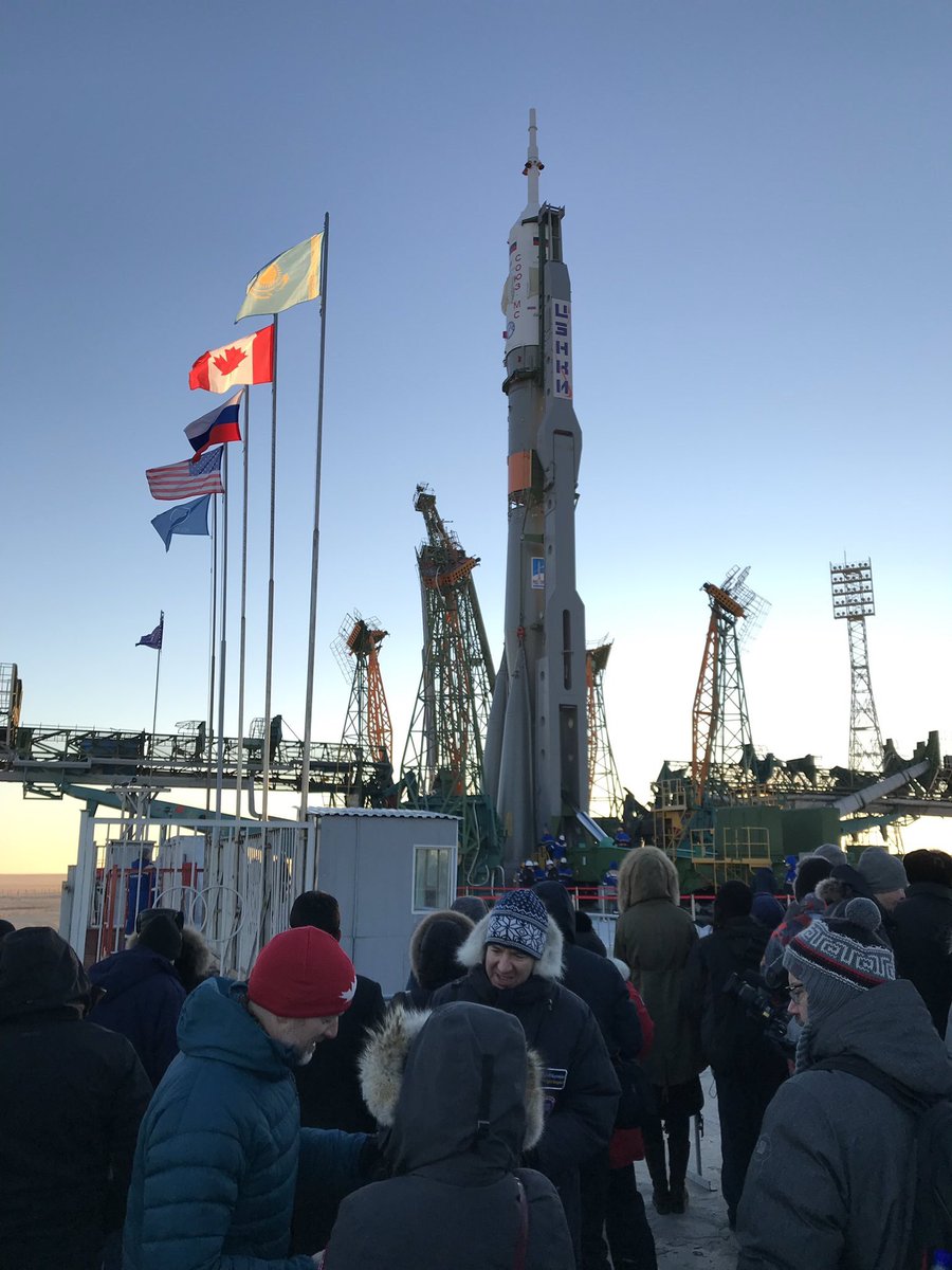 Astro_Jeremy's tweet photo. I’ve watched many close friends launch to space but tomorrow is a little different. We started this journey together &amp; it feels great to be on the cusp of having a friend, colleague and fellow #Canadian in space! God Speed @Astro_DavidS as well as @AstroAnnimal &amp; Oleg. @csa_asc https://t.co/tOJvQ48jXM