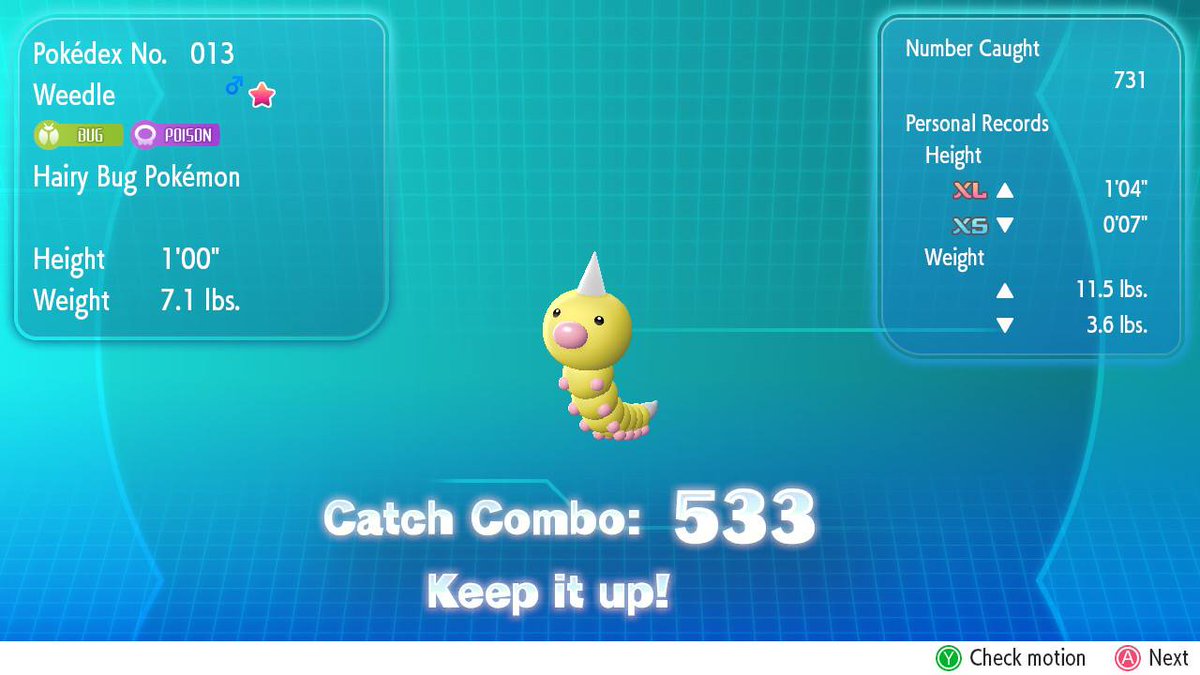 I caughted 530 Weedle in a row and then three shinies showed up at once
