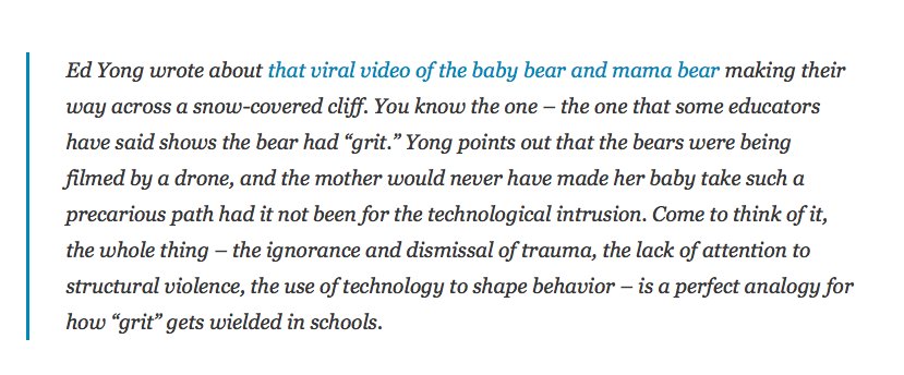 cblack__'s tweet image. "Come to think of it, the whole thing – the ignorance and dismissal of trauma, the lack of attention to structural violence, the use of technology to shape behavior – is a perfect analogy for how “grit” gets wielded in schools." rnbn.blog/2018/12/02/139…