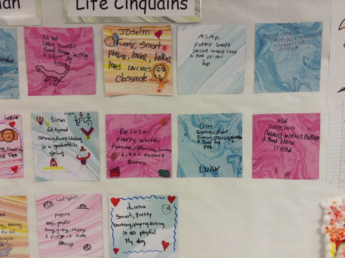 TCElara's tweet photo. We finished "Larger than Life Lara" by @dandiMackall this week. Lara remained positive in the story by reciting poetry so we celebrated by writing cinquains! They wrote about a friend, a pet, or themselves :) #FallinLoveWithReading #TCEKidsRock #SBJourney #SBISD https://t.co/KiU8pjxUUo