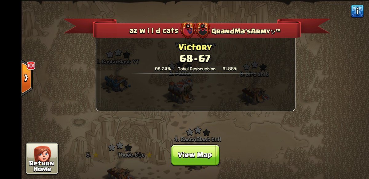 Good war <a href="/grandma_army/">Grandma's Army</a> ! 3-0 in #MLCW <a href="/CastnBlast_COC/">Cast N'Blast YouTube</a> <a href="/OrionsNebulaCoC/">Orions Nebula</a> <a href="/MinerLeagueCW/">MLCW</a>