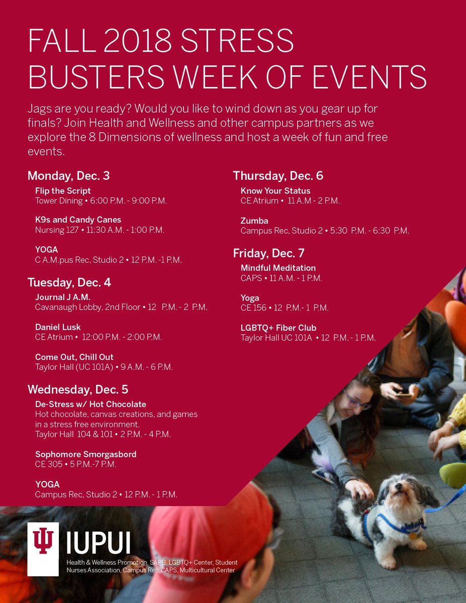 Stress Busters Week has a lineup of events to keep you fresh for those long study sessions, thanks to <a href="/IUPUIwellness/">IUPUI Health & Wellness Promotion</a> <a href="/iupuiSAPB/">IUPUI SAPB 🏠</a> @IUPUI_LGBTQ @IUPUICAPS <a href="/MCiupui/">The MC at IUPUI</a>