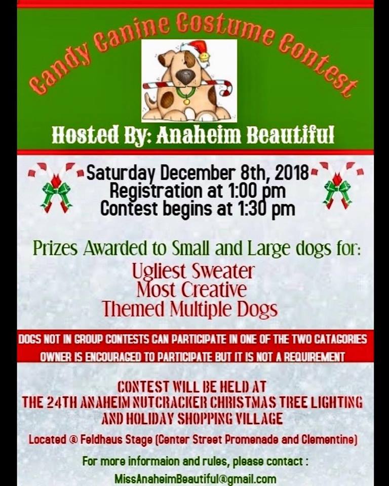 AnaheimBeautifu's tweet image. Calling pups to enter the Candy Canine Costume Contest Sat. Dec. 8. Register at 1 pm. Anaheim Nutcracker and Tree Lighting Event - Center Street Promenade, Feldhaus Stage #pupparade #caninecostume #holidayfun