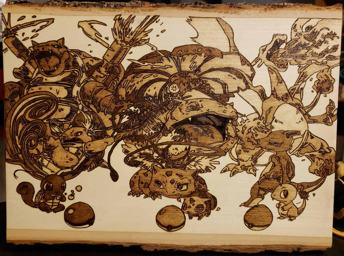 PrairiePyro's tweet photo. #woodburning #ExtraLife2018 #pokemon #nintendo #charmander #squirtle #bulbasaur #charmeleon #charizard #warturtle #blastoise #ivysaur #venusaur
Info: https://t.co/xqDswZfZSQ
#PrairiePyroDesigns #Stepher17 #pyrography #PyrographyArt https://t.co/brP4QvVLSs
