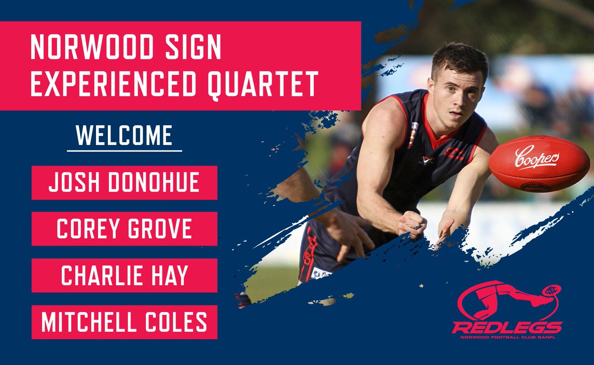 NorwoodFC's tweet photo. We've locked in an experienced quartet for 2019 🔏 https://t.co/4a7ZBc0gSN
Welcome Josh Donohue, Corey Grove, Mitchell Coles and Charlie Hay to the Parade! #AreYouWithUs https://t.co/F9PwIM92jE