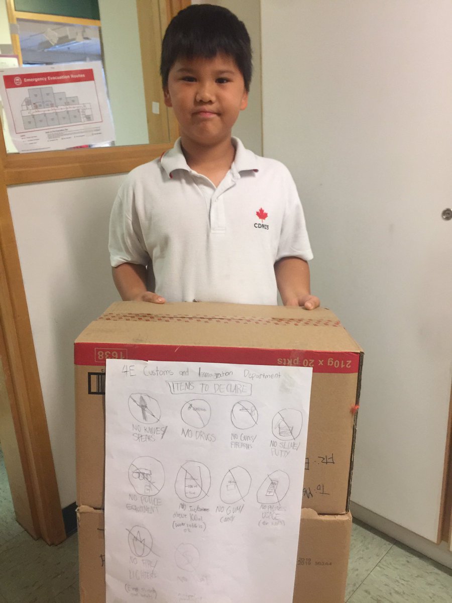 RebeccaTupling's tweet photo. This student made his very own class customs desk and placed himself at the door this morning to welcome his peers #classinspection #mondaywelcome #imagination #creativity #cdnisprojectinnovate #cdnisls https://t.co/FwcioUdowI