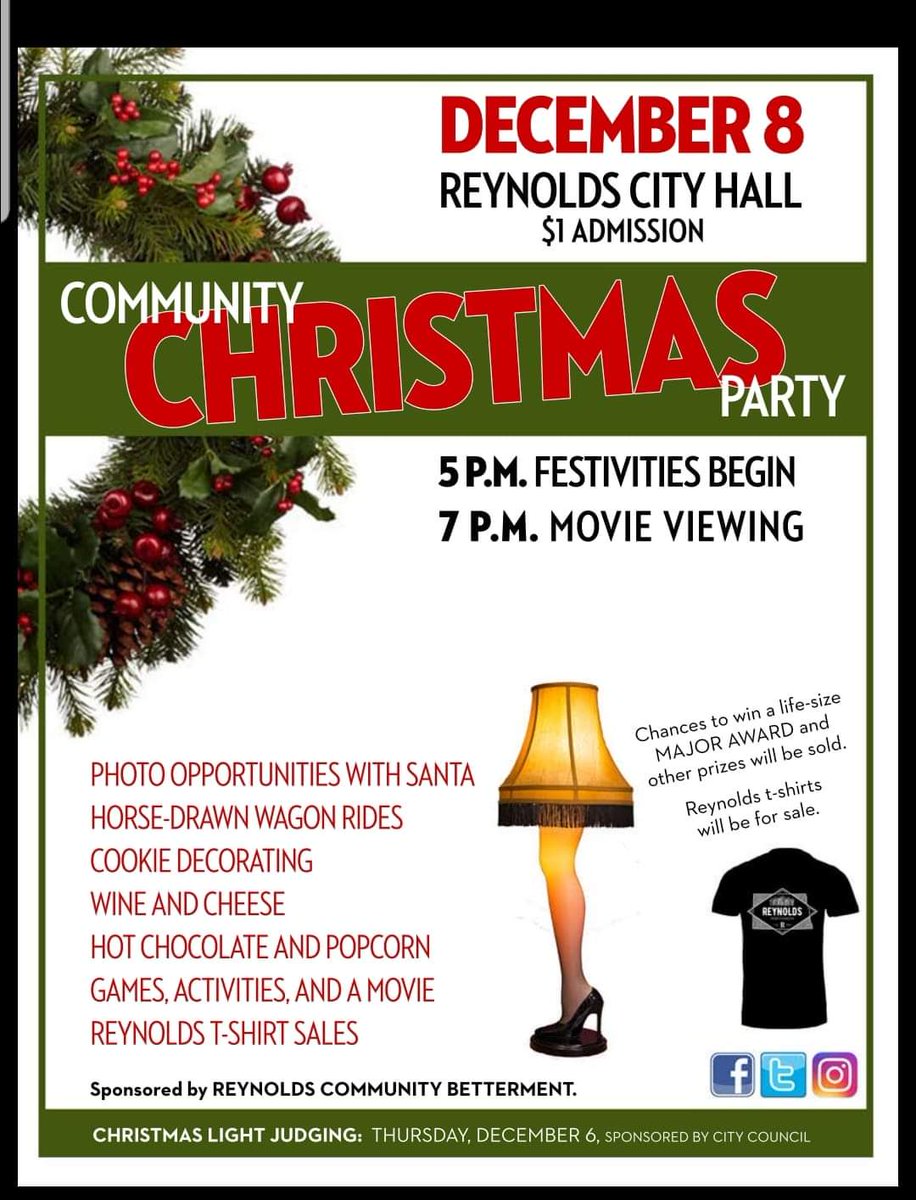 Come on out to Reynold's City Hall this Saturday for some holiday family fun! Lots of fun festivities for all ages. Come and celebrate with us!