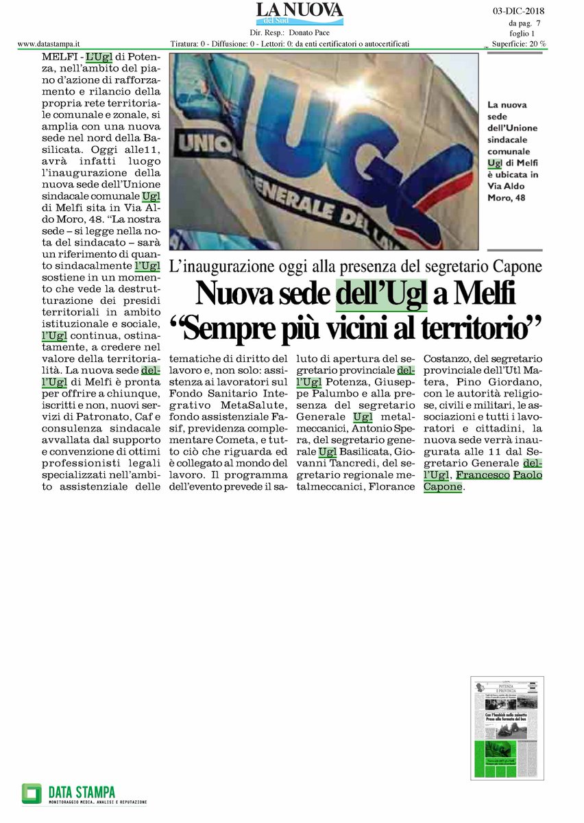 UGLConf's tweet photo. Oggi alle 11 il Segretario Generale Ugl @fpcapone inaugurerà la nuova sede #Ugl di #Melfi @LaNuovadelSud https://t.co/DuJAbiDzTM
