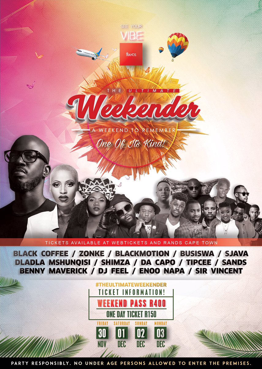 randscapetown's tweet photo. Shutting it down today with Black Motion @Shimza01 @Sjava_ATM @DacapoSA itβs the finale of #TheUltimateWeekender #SeeYourVibe Tickets are available at the gate βΌοΈβΌοΈ Gates are open 5pm. https://t.co/qnKPy6NF7T