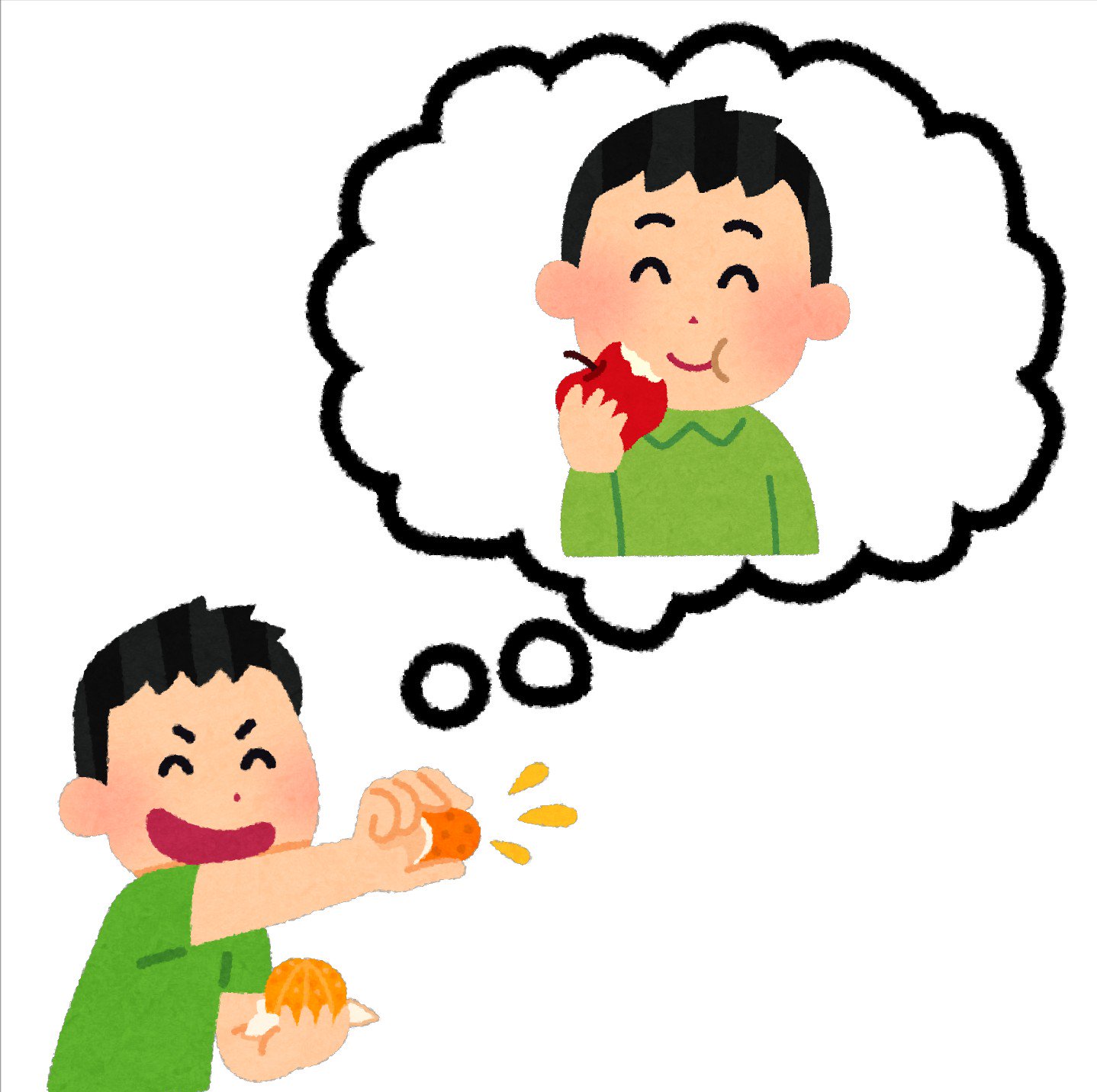 まいチクをいらすとやで再現 再現難易度 使ったイラスト 3枚 ふきだしのイラスト リンゴを食べる男の子のイラスト みかんの皮の汁を飛ばす男の子のイラスト まいにちチクショー