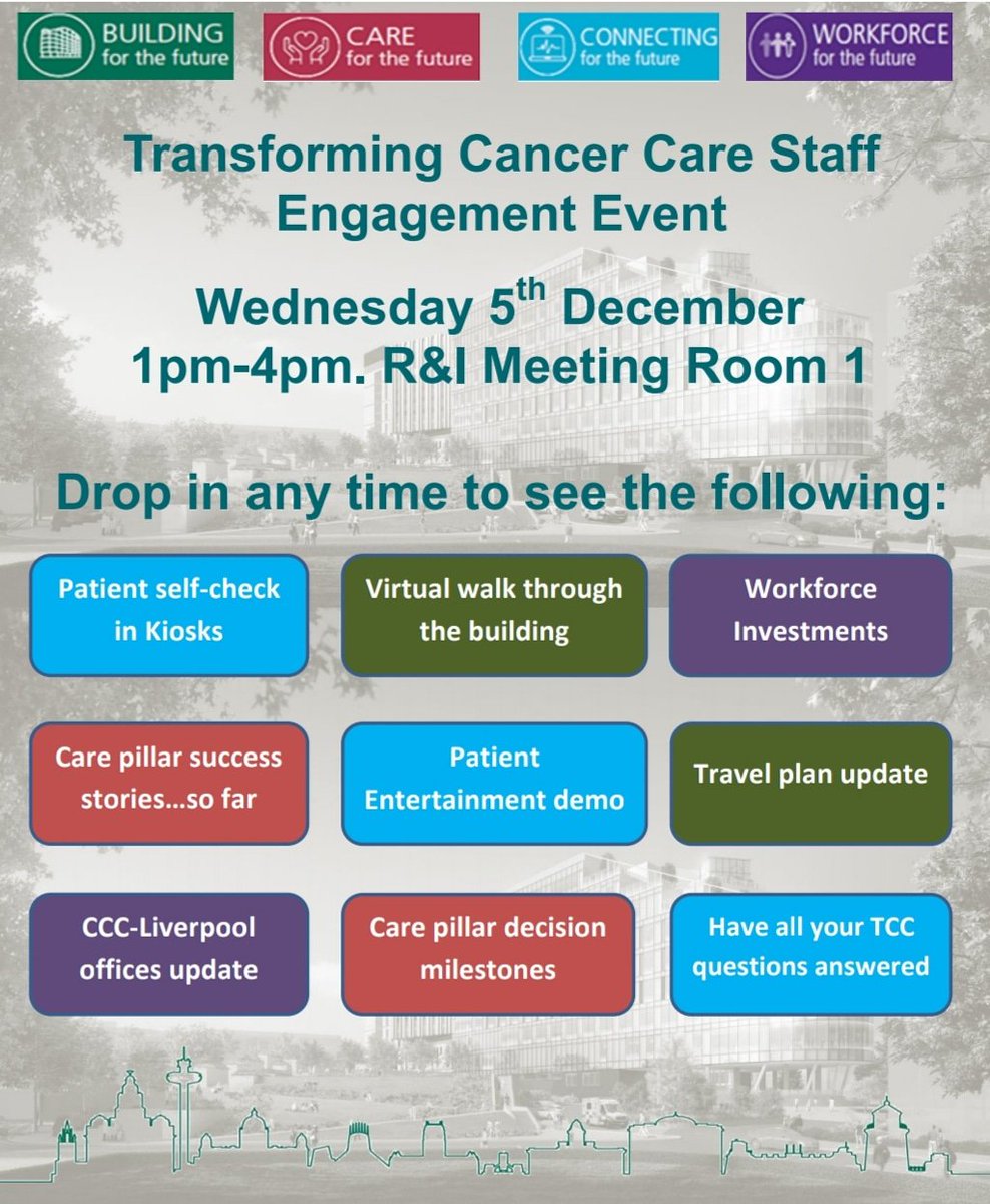 CCCpropcare's tweet photo. Come along to a TCC staff engagement session on 5.12.18 1-4pm. All @cccnhs *staff* are welcome.
A further date will be shared in Jan for a repeat session in Liverpool #transformingcancercare #staffengagement #workforce #clinicalmodel #technology #newbuild #updates #progress https://t.co/8CIhBqYWui