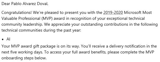 PabloDoval's tweet photo. I have some news for you, folks: I have been awarded with Microsoft's #MVP in #AI, which makes me an incredibly happy Pablo :) I had a blast meeting so many of you at events, all the discussions, that I feel 'guilty' for being awarded for doing something love so much! #MVPBuzz https://t.co/51Bn73WFY4