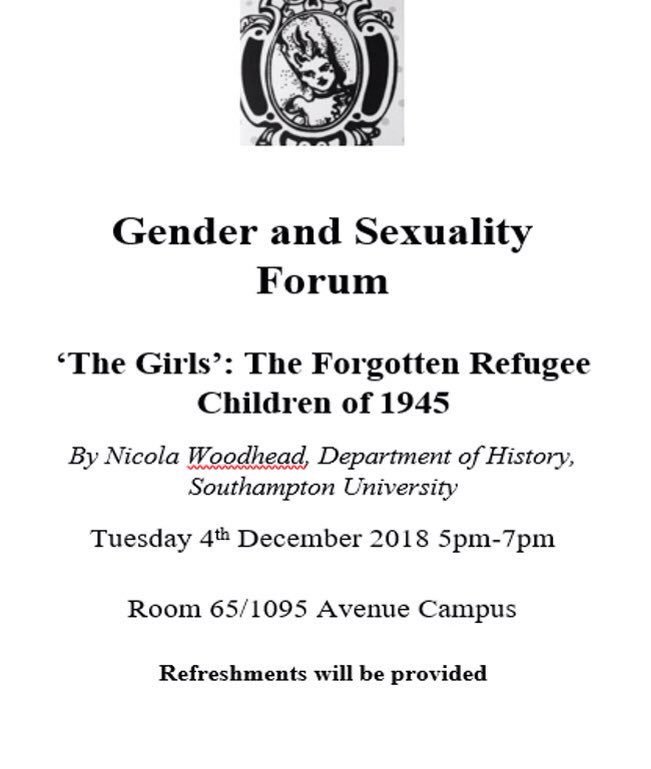 We’re really looking forward to the last Gender and Sexuality Forum of 2018: <a href="/woodheadnicola/">Nicola Woodhead</a>’s paper tomorrow, 5-7pm, 65/1095! Snacks and drinks will be provided, as ever - we hope to see you then!