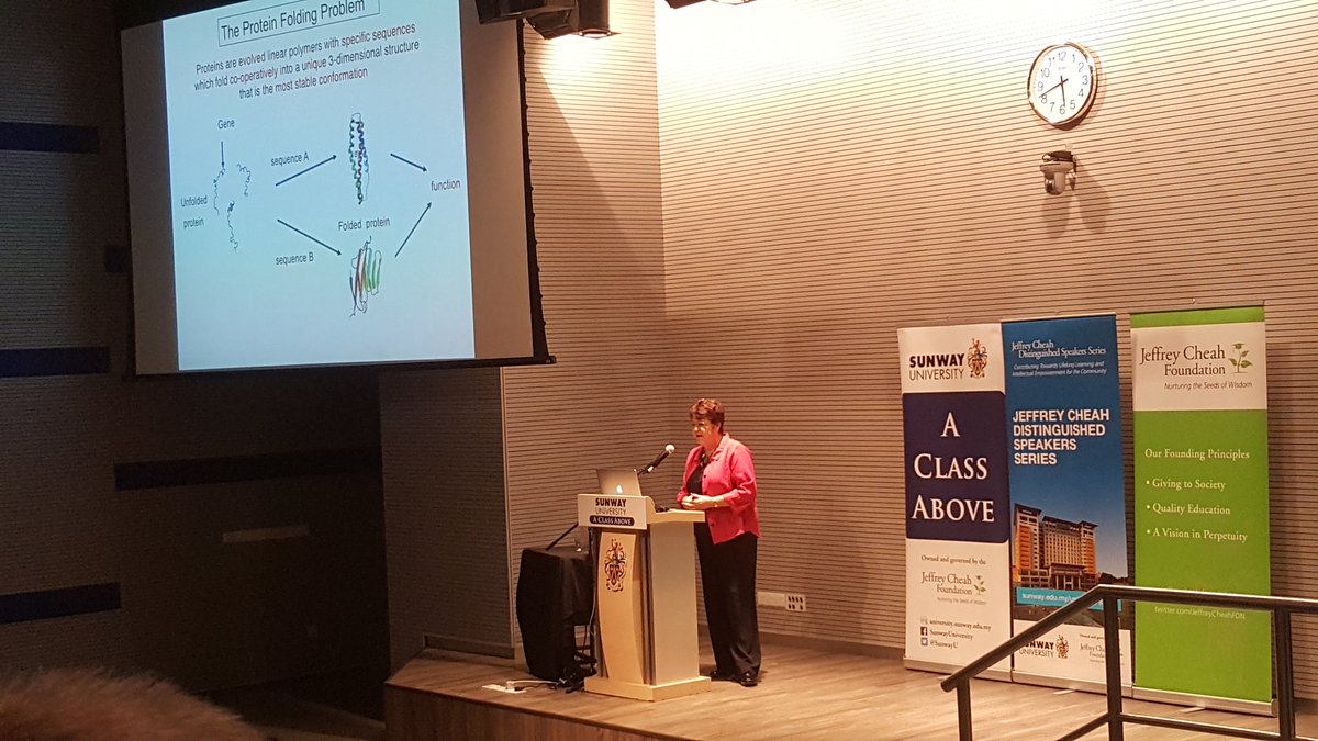 wahlau's tweet photo. Prof Jane Clarke from @Cambridge_Uni speaking to audience as today's #jcdss lecture @SunwayU on protein folding problem. #MostHappeningCampus https://t.co/w2ERD0Cthc