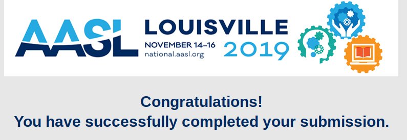 KatieJMcNamara's tweet photo. Woot Woot. @AASL submission is in. You have til 10 AM PST to share your awesome #MackinTYSL #CALIBchat @4CSLA https://t.co/G8gkq9dJvN