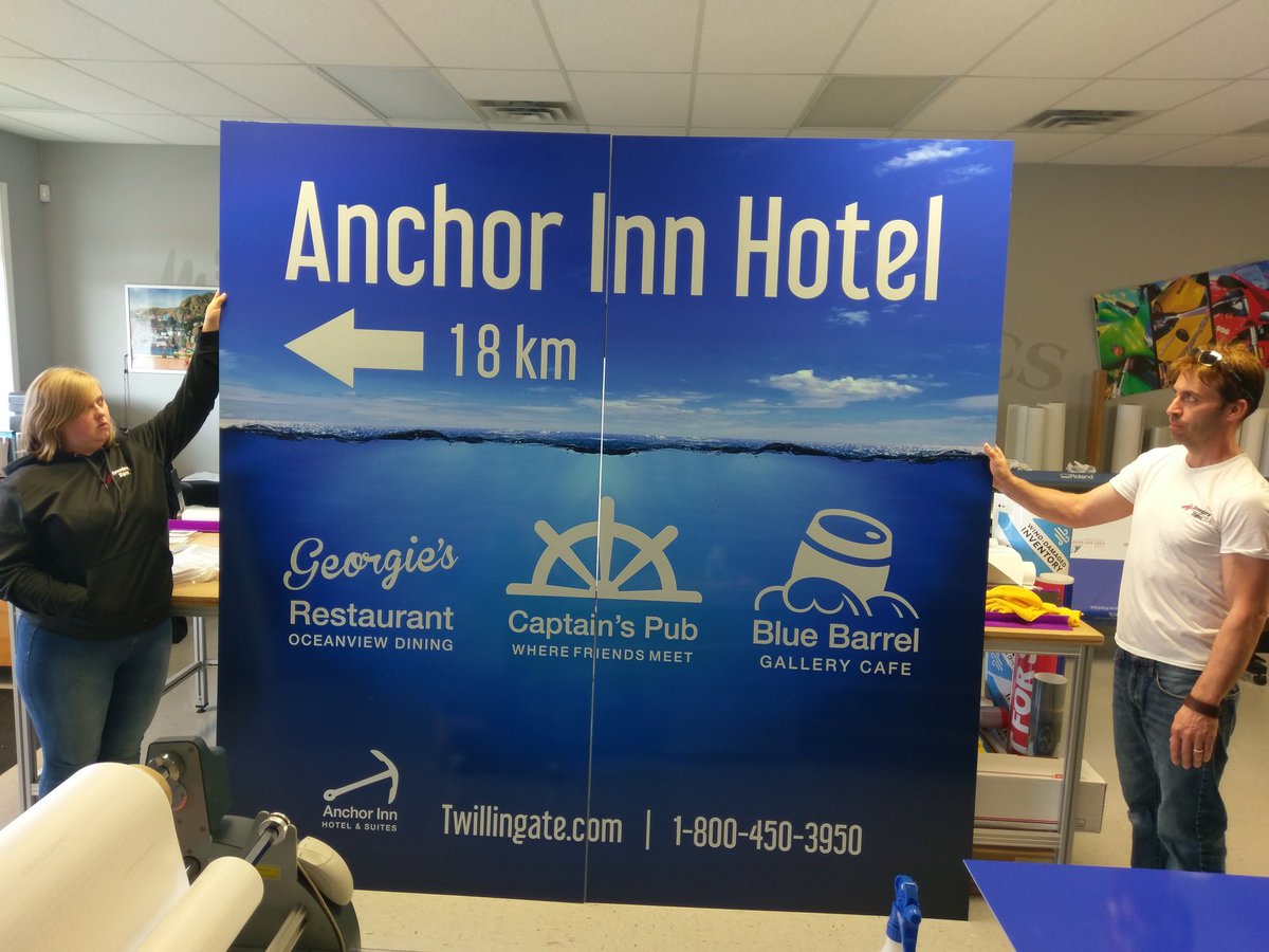 SpeedproNL's tweet image. The best way to market your brand is with visuals - and new signs attract new customers!

This is an example of roadside signage that we produced for Anchor Inn Hotel, Twillingate with reflective lettering and logos. One sign was 8ft x 8ft, and the other was 12ft x8ft.