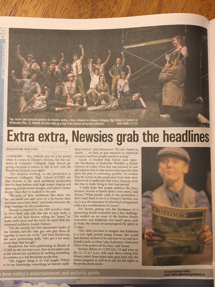serendipitySab's tweet photo. Hot off the press! @CCHS_Canmore production of Newsies goes up in just over a week! You don’t want to miss this powerful Musical, tickets on sale at CCHS and Rusticana. #canmore @MountainEdu https://t.co/HZdh57p9pz
