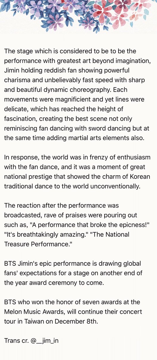 __jim_in's tweet photo. [#JimInNews] 181203

Kmedia said Jimin's epic fan dance considered to be the performance with greatest art fusing sword dancing with martial elements dominated WW trends

"A performance that broke the epicness!" "The National Treasure Performance."
#JIMIN #지민 @BTS_twt https://t.co/rqXHY7aqhZ