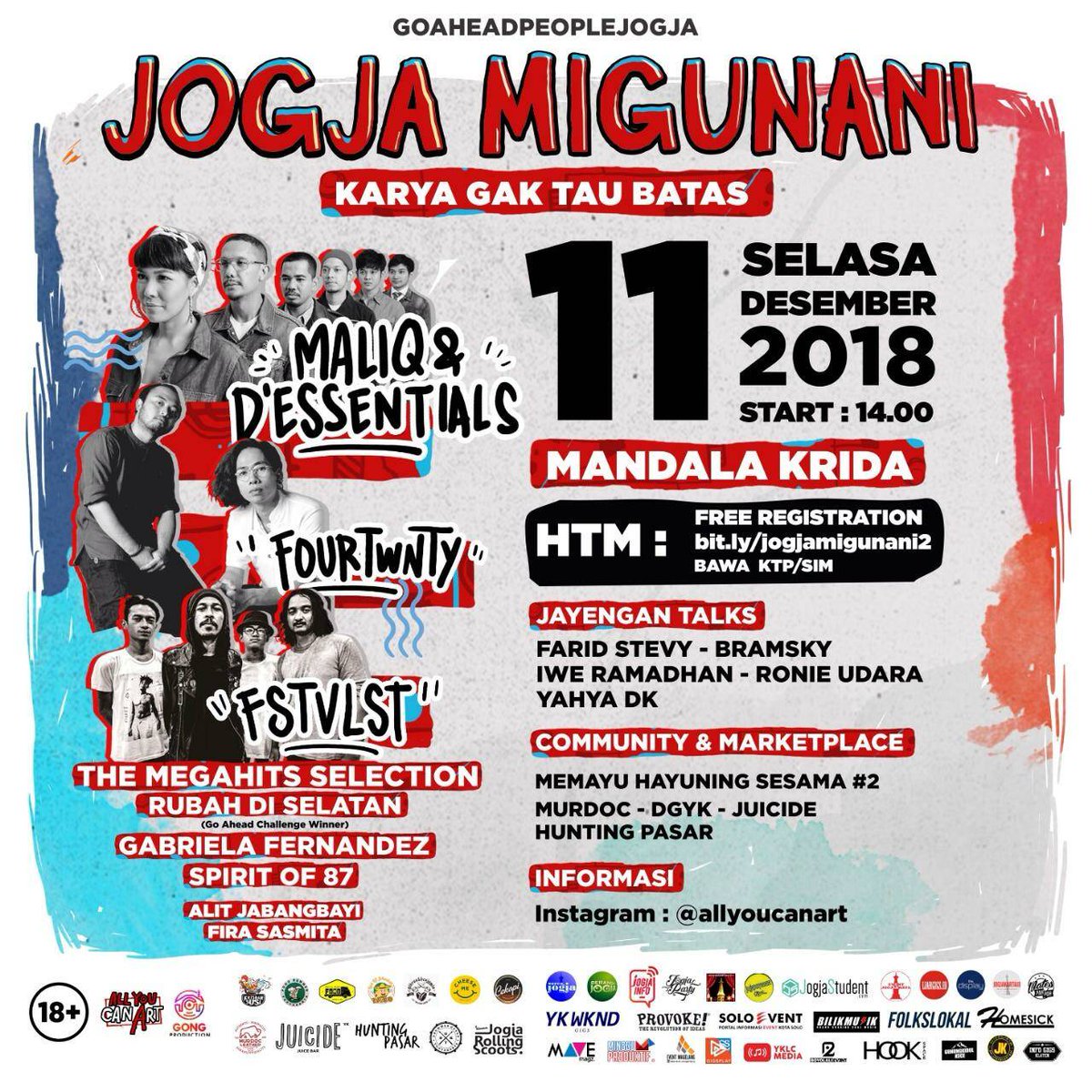 area_jogja's tweet image. @allyoucanart JOGJA MIGUNANI

📆 : Selasa, 11 Desember 2018
📍 : Mandala Krida, Yogyakarta

FREE..!!

Acara ini Free alias Gratis!
Kamu cukup melakukan registrasi melalui
Link bit.ly/jogjamigunani2 
⠀
#jogjamigunani
#migunaniyk
#allyoucanart