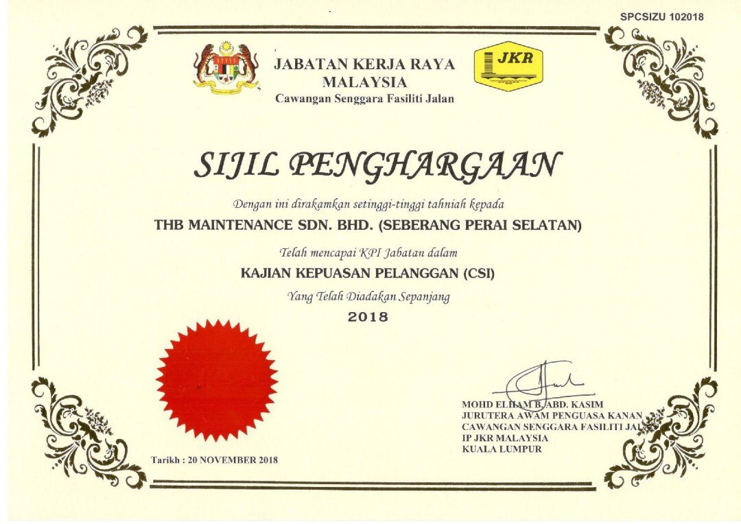 Thb Maintenance Sdn Bhd On Twitter Terima Kasih Csfj Jkr Atas Sijil Penghargaan Ini Kerana Thbmseberangperai S Telah Mencapai Kpi Jabatan Dalam Kajian Kepuasan Pelanggan 2018 Thbmhq Infrarakyat Zonutara Togetherwedeliver