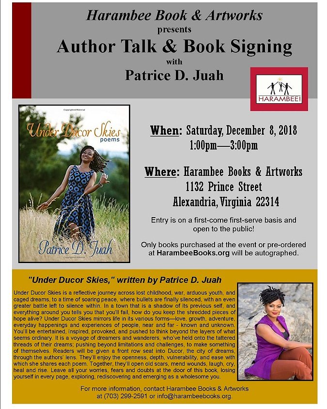 PatriceJuah's tweet photo. A poetic and exceedingly blessed December! Looking forward to meeting everyone at Harambee Books &amp; Artworks in Alexandria, Virginia, on Saturday, December 8th. I’m excited and cannot wait to journey with you all #UnderDucorSkies. ✨ Available on  Amazon : https://t.co/VgMMeTbgyQ https://t.co/7CzsXfmRQ3