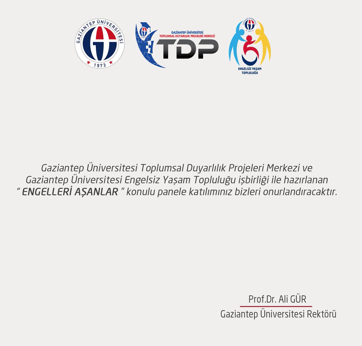 Dünya engelliler günü sebebiyle hazirlanan "Engelleri Aşanlar" Panelimize bekliyoruz. <a href="/profaligur/">Prof. Dr. Ali GÜR</a> <a href="/metinbedir65/">Prof. Dr. Metin Bedir</a> <a href="/ramazantaskin27/">ramazan taskin</a> <a href="/fatihKarakus272/">Fatih karakuş</a> <a href="/gantepvaliligi/">Gaziantep Valiliği</a> <a href="/mehmet_kiziltas/">Mehmet KIZILTAŞ🇹🇷</a> #samettoptaş #yusufçelebi #DünyaEngellilerGünü <a href="/gaziantepUniv/">Gaziantep Üniversitesi</a> <a href="/gaunengelsiz/">GAÜN ENGELSİZ YAŞAM</a>