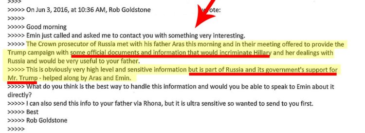 arcturus300's tweet photo. @SethAbramson @llholcomb Email from #RobGoldstone to #TrumpJr re Clinton emails, offering Trump campaign incriminating evidence about Hillary's supposed dealings with Russia, as part of the "Russian government support for MR Trump.." If that's not COLLUSION I don't know what is!!! https://t.co/FrHjRSKYJB