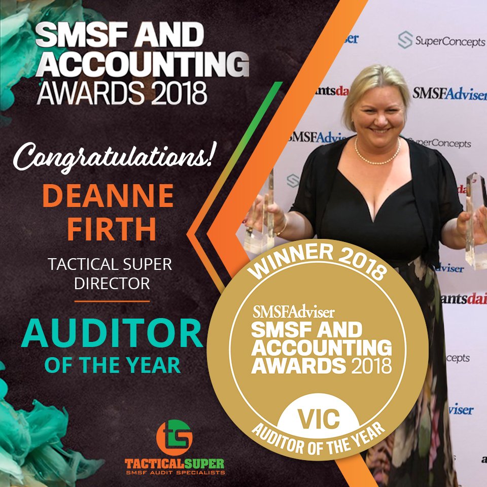 SMSFAuditExpert's tweet photo. Deanne Firth is Auditor of the Year at 2018 SMSF and Accounting Awards #tacticalsuper #smsfaudit #auditoroftheyear https://t.co/r2rRissiN3