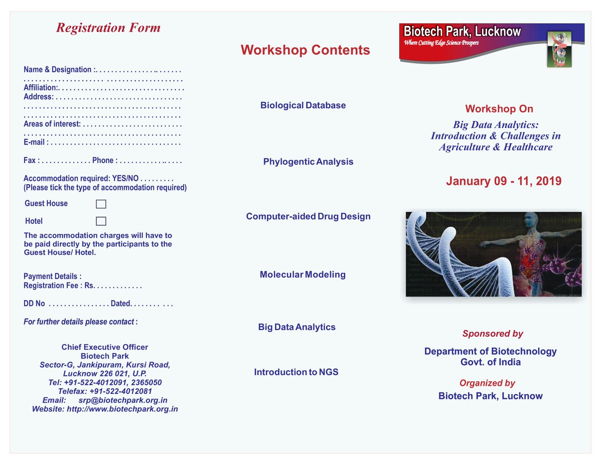 biotechplucknow's tweet photo. DBT sponsored a national workshop on “Big Data Analysis: Introduction &amp; Challenges in Agriculture &amp; Healthcare” will be held in Biotech Park, Lucknow on January 9-11, 2019.https://t.co/CvwobIUD8D https://t.co/KyIPPaLC9X