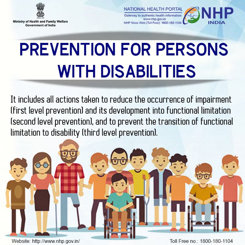 #Disability prevention includes all actions taken to reduce the occurrence of impairment &amp; its development into functional limitation, and to prevent the transition of functional limitation to disability.
Visit: bit.ly/2AHZkaY
#InternationalDisabilityDay #SwasthaBharat