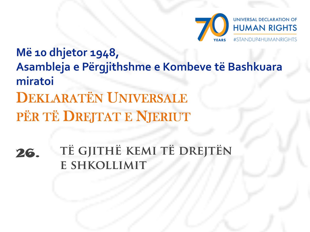 AlMissionGVA's tweet photo. #Arsimimi është një e #drejtë e njeriut me fuqi të madhe transformuese.
Në themelin e saj mbështeten bazat e #lirisë, #demokracisë dhe #zhvillimit të qëndrueshëm njerëzor. @ Kofi Annan (26/30)
#UDHR #StandUp4HumanRights https://t.co/xyQ4QJdohD