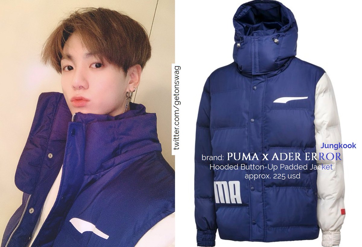 jungkook admirer₇ on X: trasher shirt, blue puffer jacket and sneakers  both from nike, large pants. jungkook is so stylish!   / X
