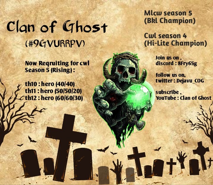 This is "Clan of Ghost" .
We are part of BWA (Bangladesh war alliance).
Currently playing in CWL s5- Rising and will be playing in NDL s4 -welter division.
We are looking for some good players.Those who meets the requirements and want to join us , do apply in our discord server