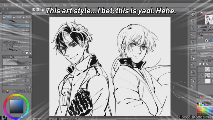 When your art style is being described as vaguely BL-ish but you don't draw pairings ?
I just wanna draw bishies being bros with everyone in a corner haha 