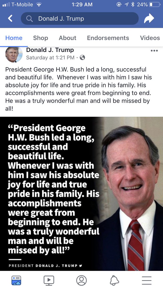 cmlinusmorris's tweet photo. This impersonal, boardline egotistical post by trump. Which is almost rude to the bush family. Where as obama wrote a beautiful piece illustrating his condolences. https://t.co/cuqhngTzXH