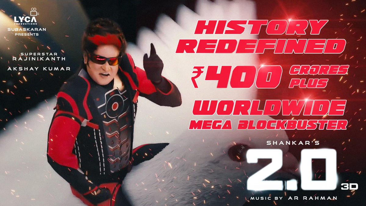pavithrain's tweet photo. History in the making! 400 CRORES WORLDWIDE! Not just a blockbuster, it's a MEGA BLOCKBUSTER! 🎉🎊
#2Point0MegaBlockbuster #MaranaMass #2PointO #2Point0FromToday #Rajinikanth #Rajini #2Point0 @rajinikanth @akshaykumar @shankarshanmugh @iamAmyJackson @arrahman https://t.co/di3LR0LYIf