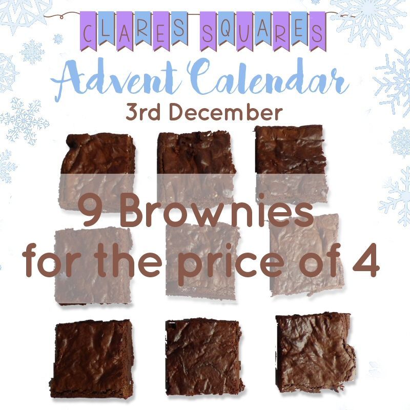ClaresSquares's tweet photo. Today's #AdventCalendar treat - order any box of 4 brownies and you'll receive 9 in the post! No discount code required, all brownie orders placed today will be upgraded.
https://t.co/q6pte67bwI https://t.co/vDT0jO9VcV