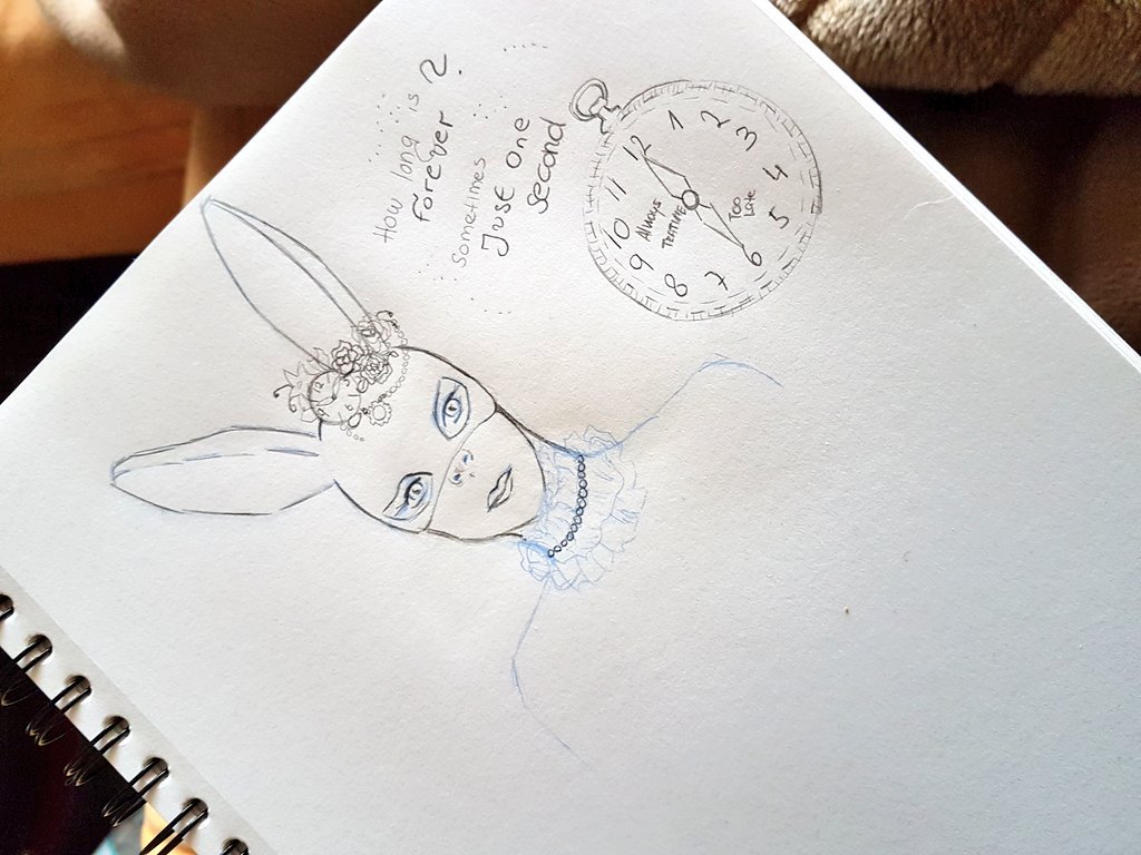 MissAmethy's tweet photo. Sketching time while watching #AliceInWonderland :) #art #sketchnotes #sketch #whiterabbit #drawings #Time #vintage #mask https://t.co/7G03pNSeI8