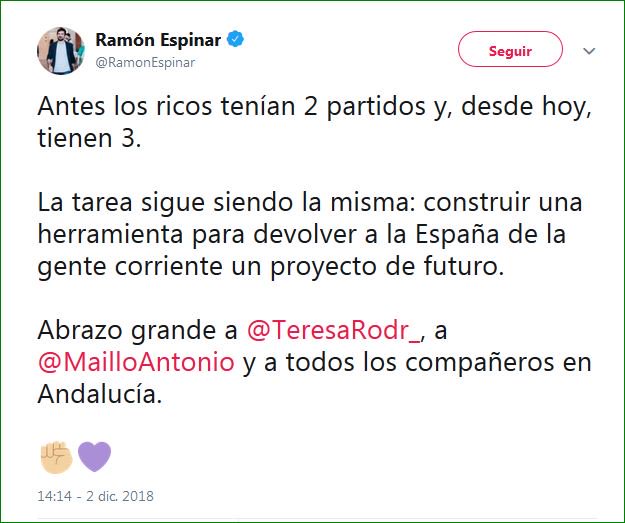 Según don Ramón Espinar, Andalucía está llena de ricos, exactamente el 49% de los votantes andaluces son ricos.