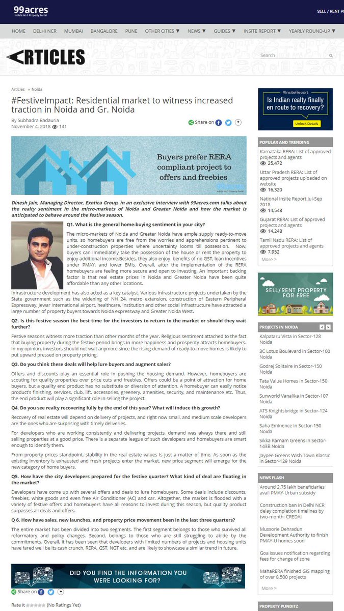 ExoticaHousing's tweet photo. #FestiveImpact
#DineshJain - MD, #ExoticaHousing in an exclusive interview with #99Acres over realty sentiments in #Noida and #GrNoida around festival season-
https://t.co/sAyOGjYMjr
#Fresco #Dreamville #ReadyToMoveIn #PropertyInNCR #PropertyInGrNoidaWest #PropertyInSector137 https://t.co/8ME3F7ncq6